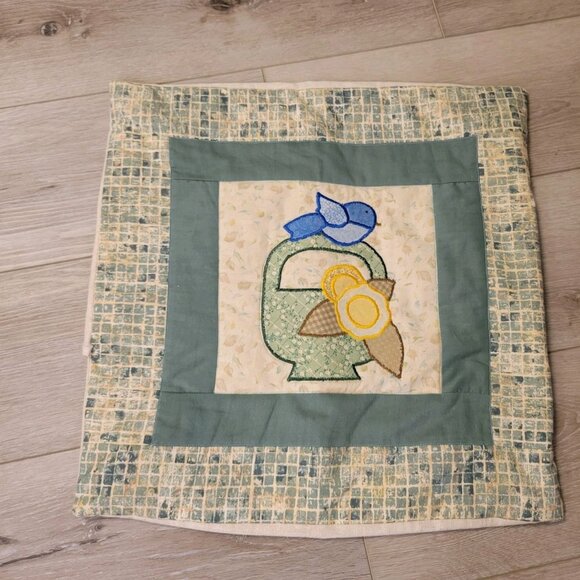 Vtg Hand Quilted Square Pillow Case Cover Blue Bird Flower Basket Green Yellow - Picture 1 of 4